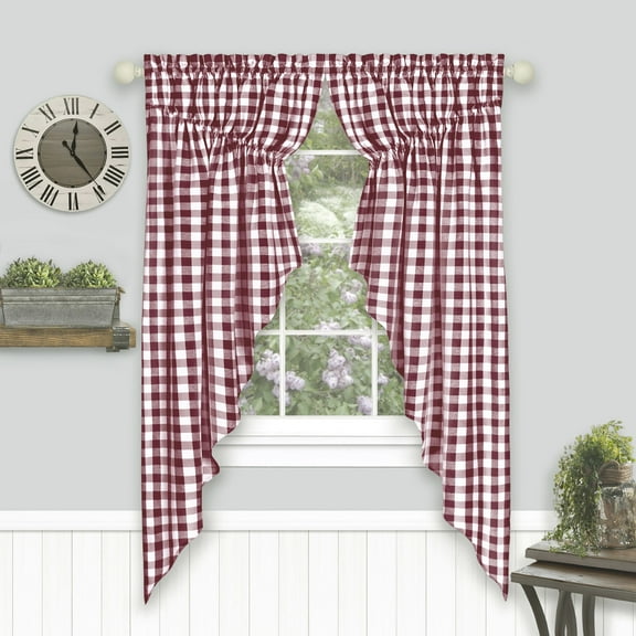 Ergode Buffalo Check Gathered Swag Window Curtain Pair - 72x63 - Burgundy