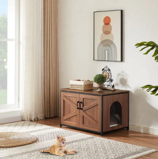 Walnut Large Cat Litter Box Enclosure with Metal Frame