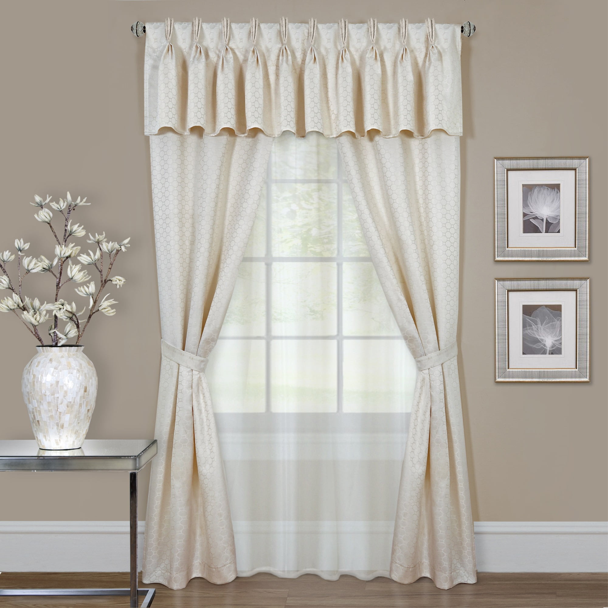 Ivory Geometric Pinch Pleat Ground Length Curtain Set