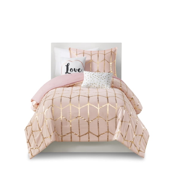 Ergode Comforter Set - Geometric Pattern in Metallic Gold on Blush Background - Includes Comforter, 2 Shams, and 2 Decorative Pillows - Treatment - Wrinkle-Free Packaging