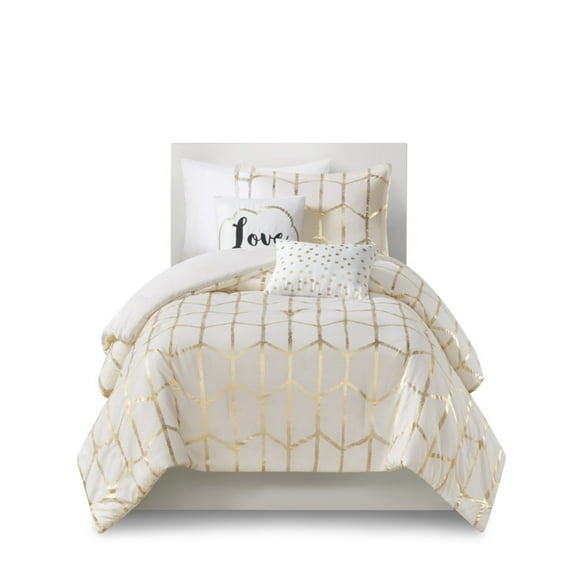 Ergode Comforter Set - Geometric Pattern in Metallic Gold on Ivory Backdrop - Includes Shams and Decorative Pillows - Treatment - Luxurious Microfiber - Wrinkle-Free Packaging