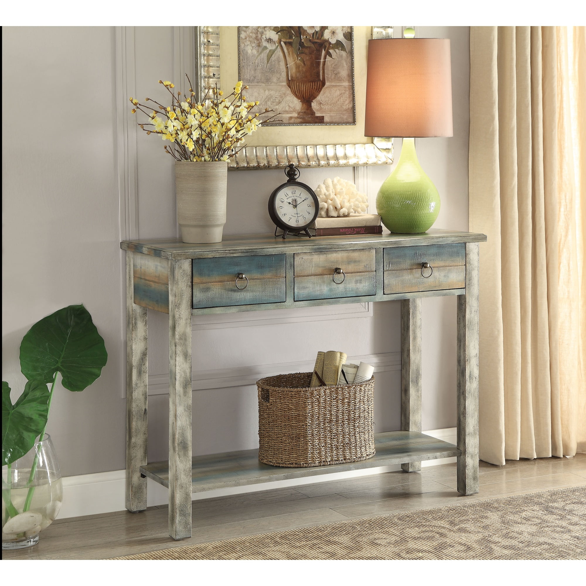 Antique White and Teal Wood Console Table with Storage