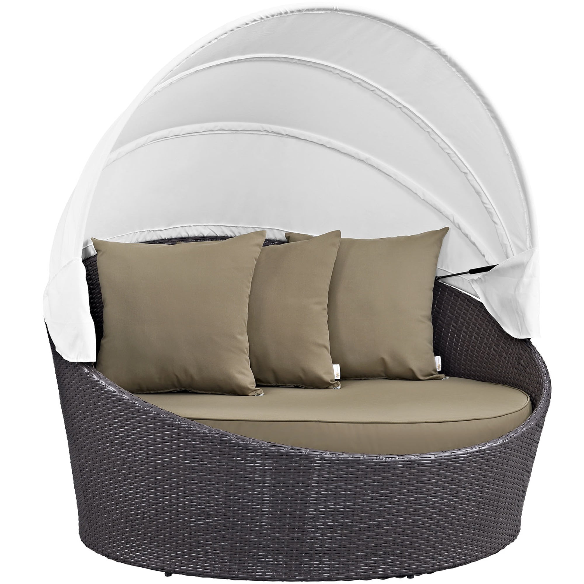 Espresso Mocha Round Wicker Rattan Outdoor Patio Daybed with Canopy