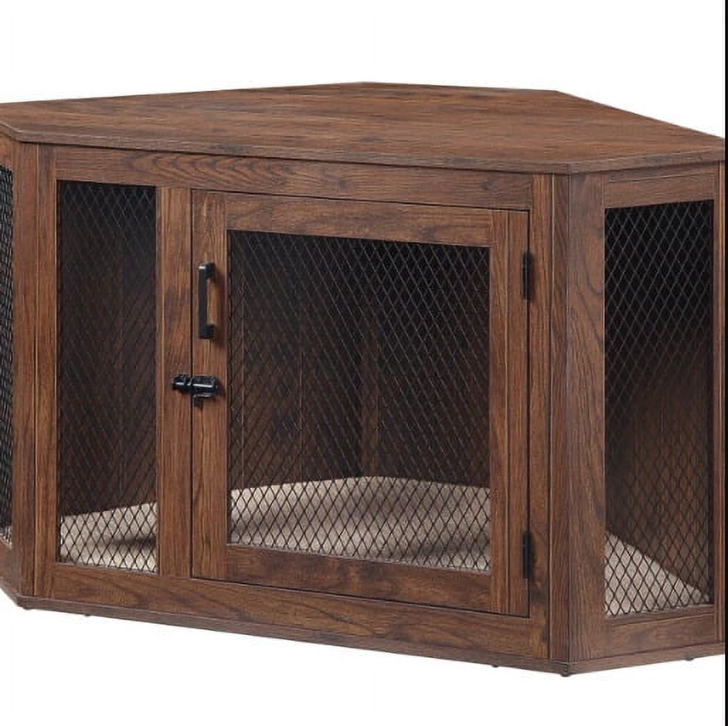Large Walnut Corner Dog Crate with Metal Mesh