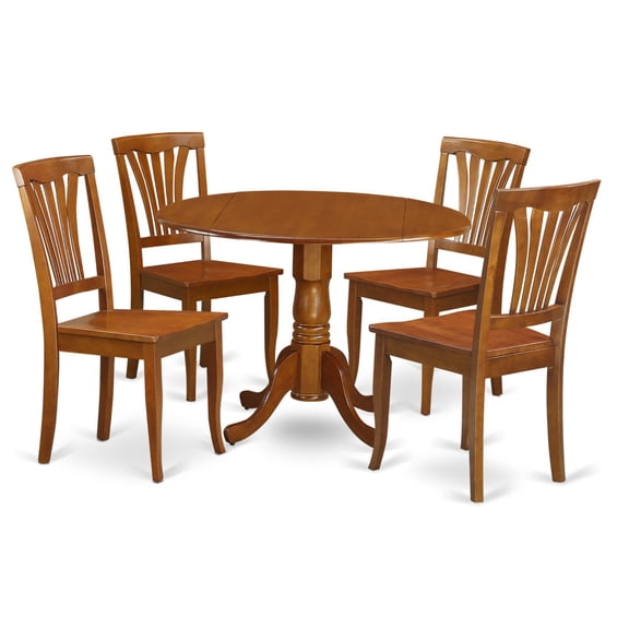 Ergode DLAV5-SBR-W, 5 Piece Dining Table Set, Round Dropleaf Table & 4 Chairs, Saddle Brown, 42x42 Inch