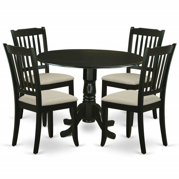 Ergode DLDA5-BLK-C Dublin 5 Piece Dining Set, Round Kitchen Table with Dropleaf, 4 Linen Fabric Upholstered Chairs, 42x42 Inch, Black