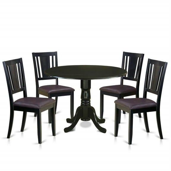 Ergode DLDU5-BLK-LC, Dublin 5 Piece Kitchen Table Set, Round Wooden Table with Dropleaf, 4 Faux Leather Dining Chairs, 42x42 Inch