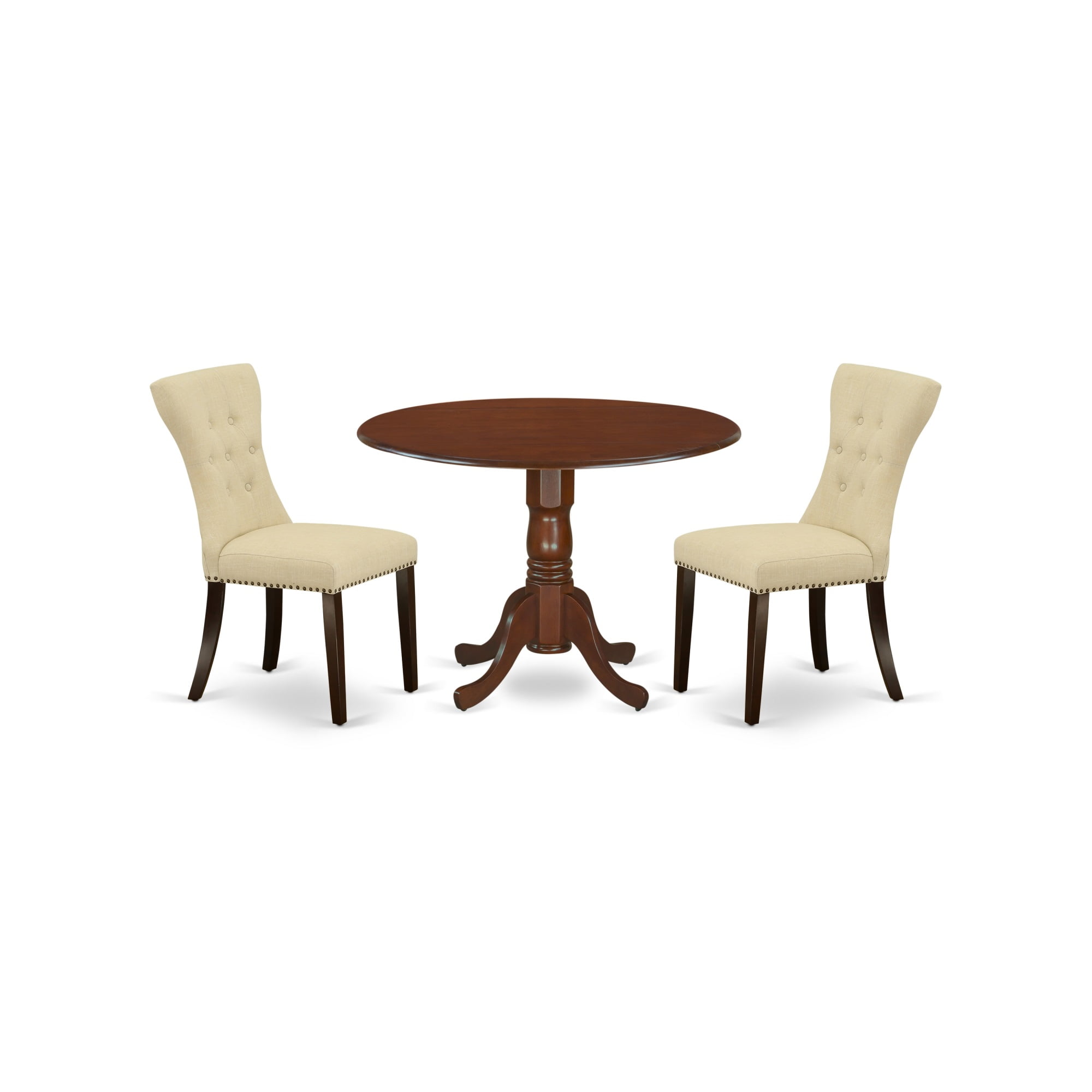 Mahogany Finish 3-Piece Round Dining Table Set with Beige Linen Chairs