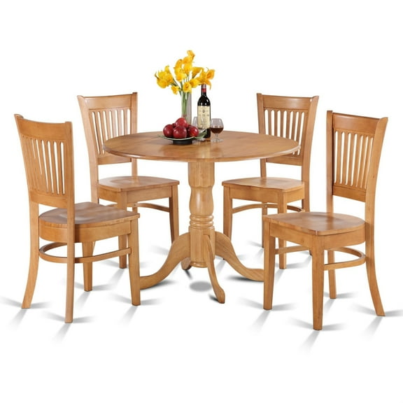 Ergode DLVA5-OAK-W Kitchen Table Set, 5-Piece Dining Set with 4 Chairs, Drop Leaf Dinner Table, Wooden Seat & Slatted Back, Oak Hue, Easy Assembly, High-End Finish, Durable & Stylish, 42x42 Inch