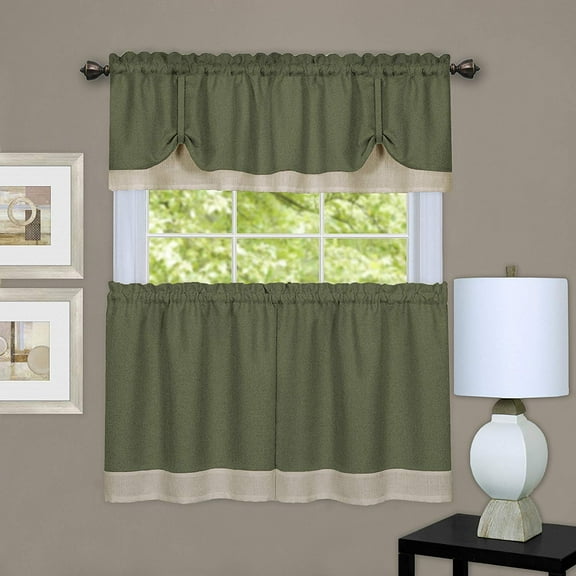 Darcy Green Solid Contemporary Window Curtain Panel: 58" x 24", 58" x 14", Tier Pair & Valance