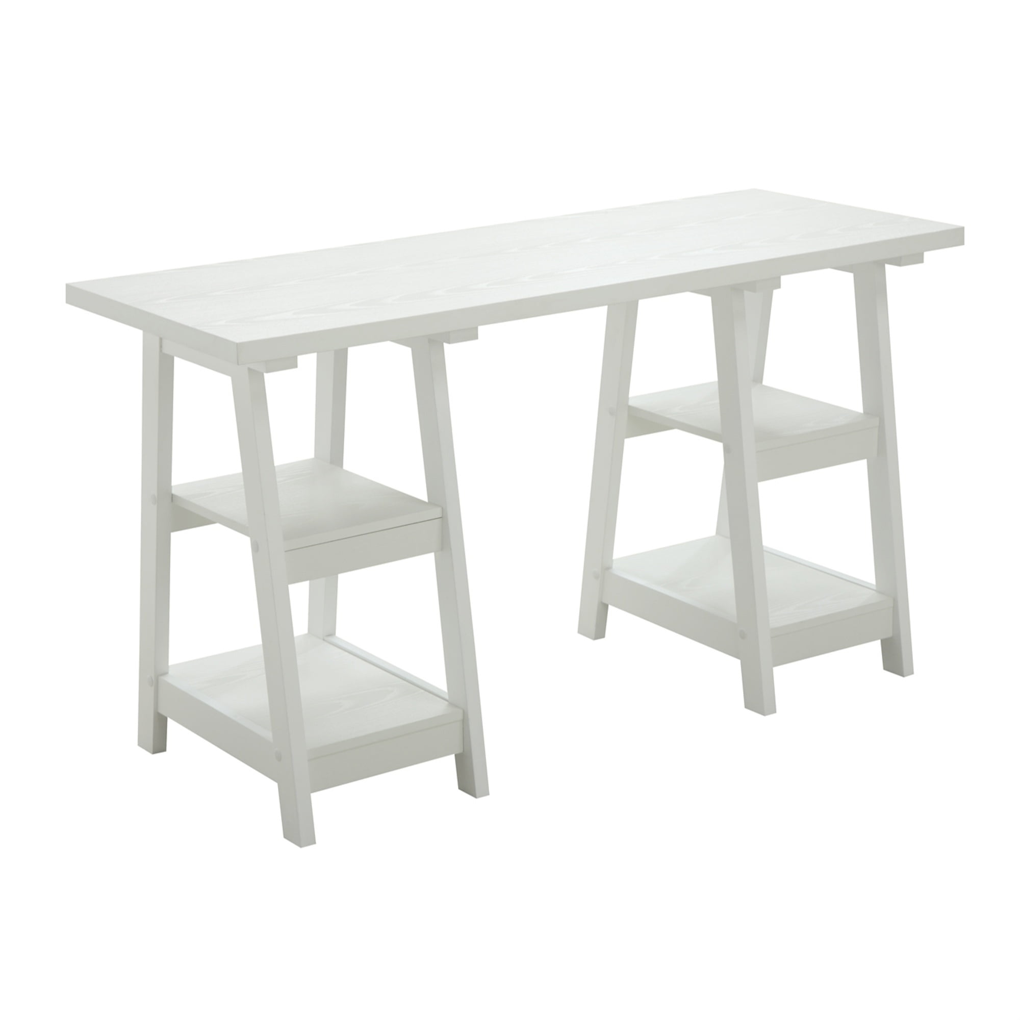Elegant White Trestle Desk with Spacious Shelves and Ample Surface