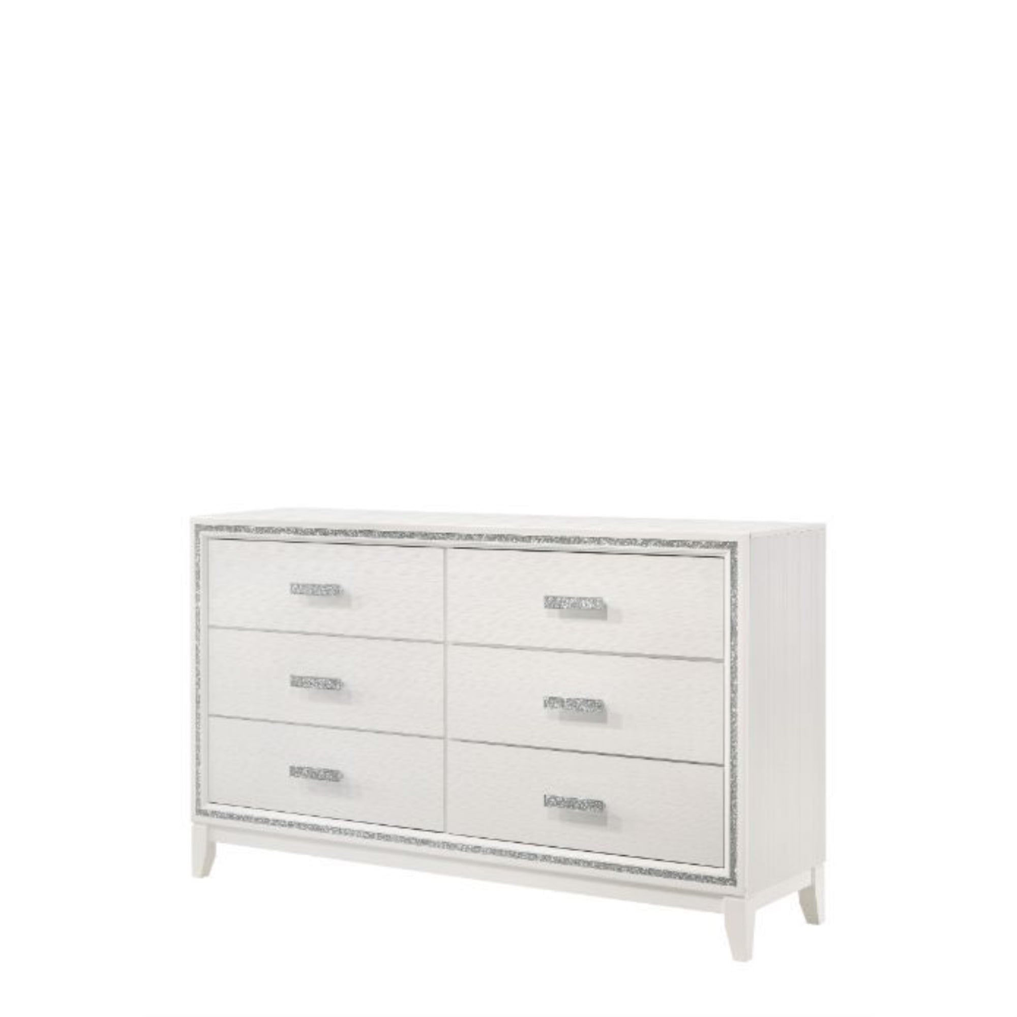 White Particle Board Dresser with Silver Trim and Dovetail Drawers