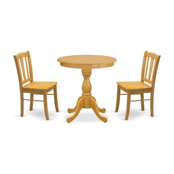 Ergode ESDL3-OAK-W 3-PC Kitchen Table Set, Round Dining Table with Pedestal Legs, 2 Wooden Chairs, Solid Wood Frame, Easy Assembly, Ambiance & Style, Hardware Included, 30x30 Inch, Oak