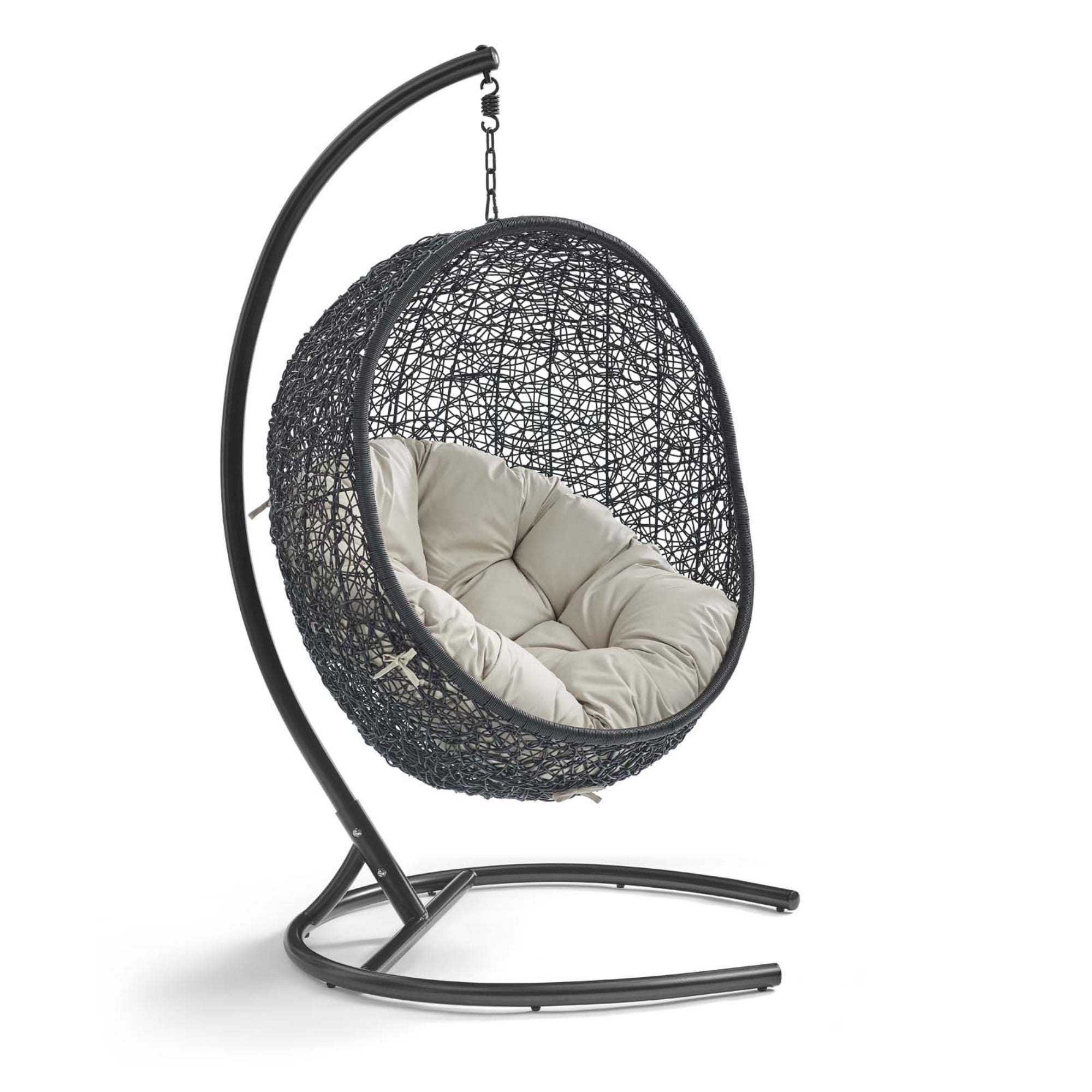 Espresso Metal and Beige Rattan Outdoor Hanging Swing Chair