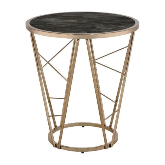 Ergode End Table Faux Black Marble Glass & Champagne Finish