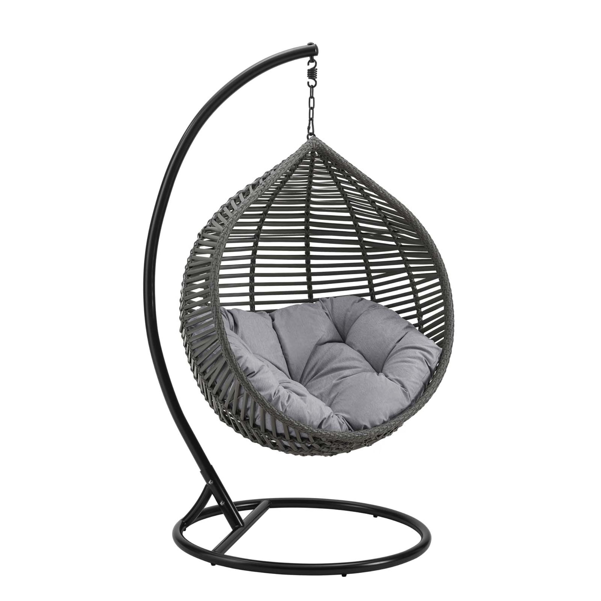 Gray Wicker Teardrop Hanging Chair with Cushions