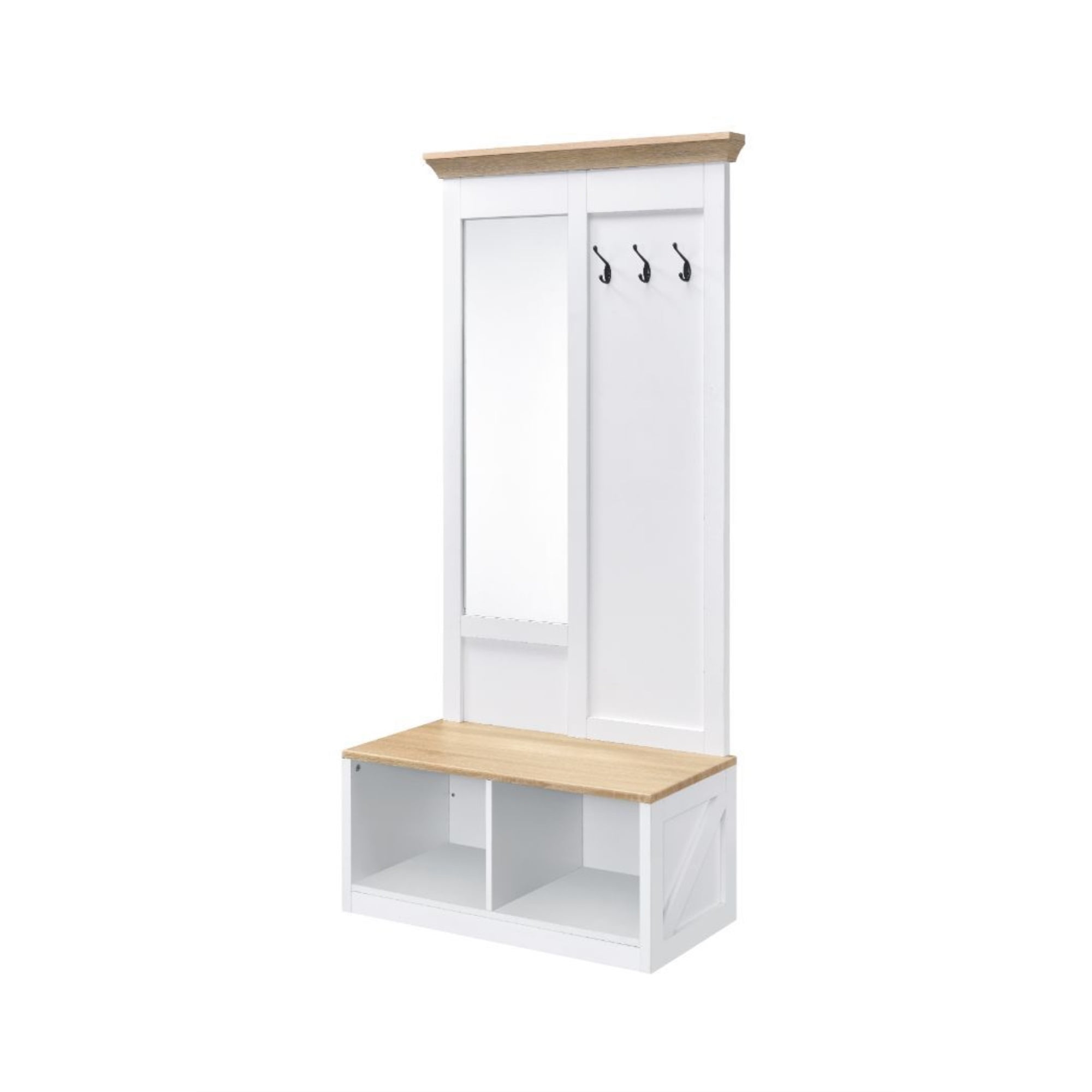 Light Oak and White Hall Tree with Mirror and Hooks
