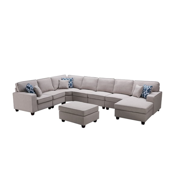 Ergode Irma Light Gray Linen 8Pc Modular L-Shape Sectional Sofa Chaise and Ottoman