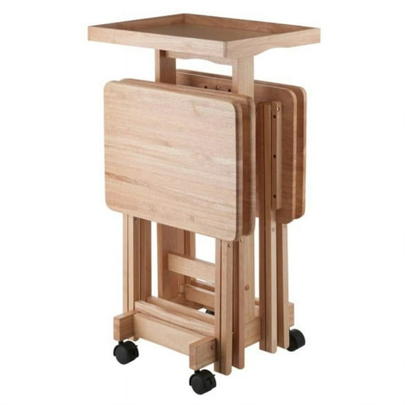 Ergode Isabelle 5-Piece Natural Wood Folding Snack Table Set with Rolling Storage Stand and Removable Serving Tray - Fully Assembled