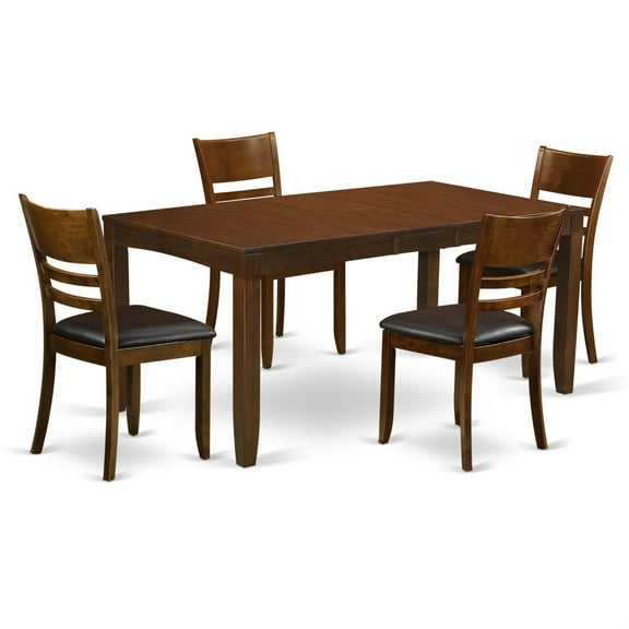 Ergode LYFD5-ESP-LC, Lynfield 5-Piece Dining Set, Butterfly Leaf Table & 4 Chairs, Espresso Finish, PU Leather Seats, Easy Assembly, Asian Wood Frame, Rectangular Table, Ladder Back Chairs, 36x66 Inch