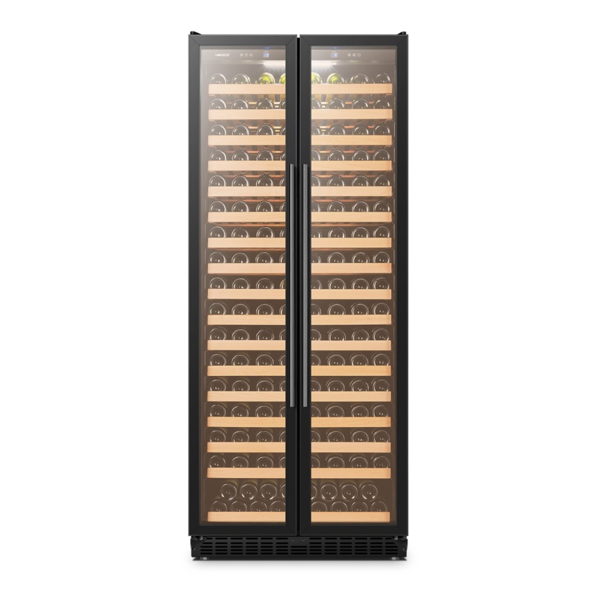 Black Freestanding Dual Door Wine Cooler with Wooden Shelves