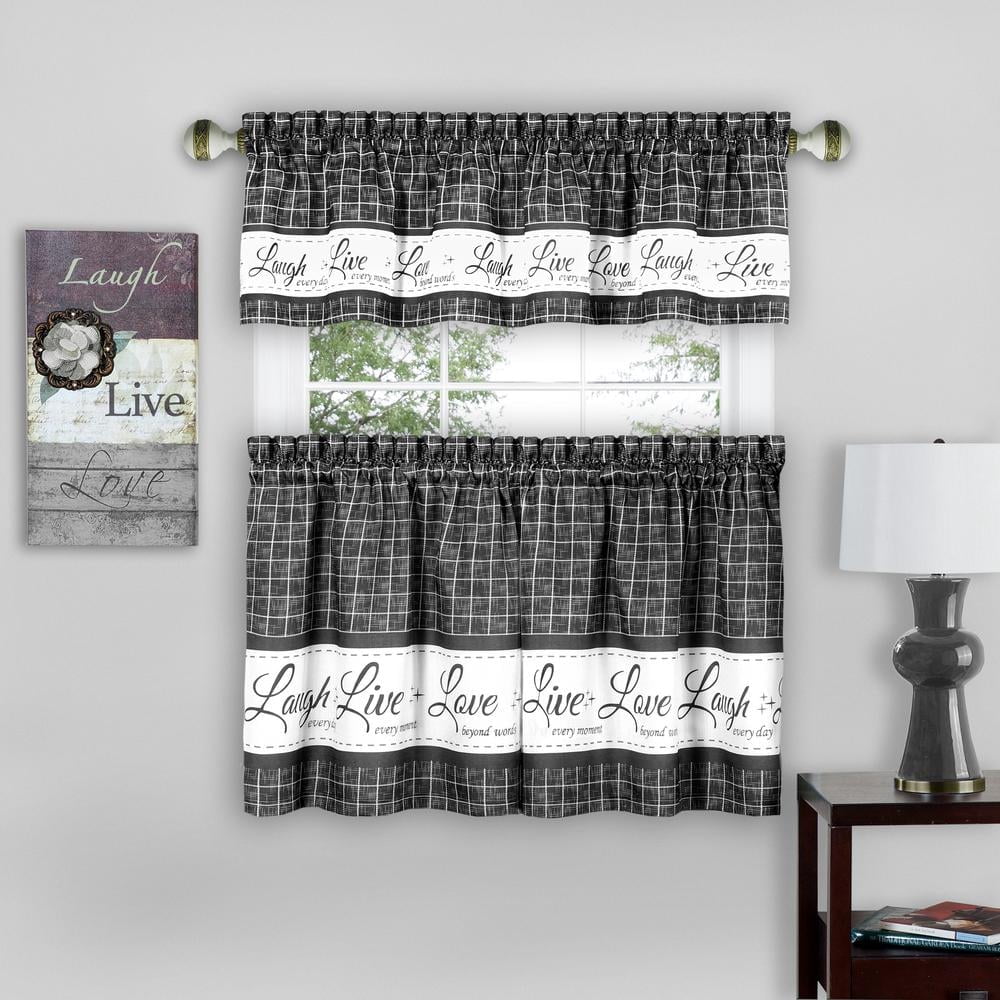 Live Love Laugh Window Kitchen Curtains 3-Piece Tier & Valance Set, Charcoal, 58" W x 24" L