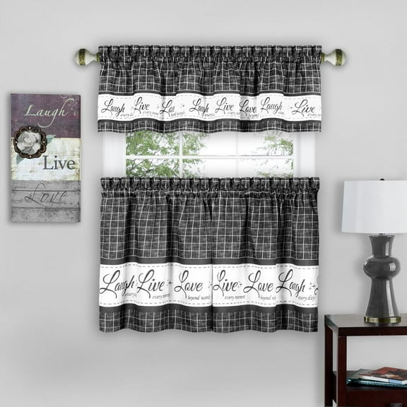 Live Love Laugh Window Kitchen Curtains 3-Piece Tier & Valance Set, Charcoal, 58" W x 24" L
