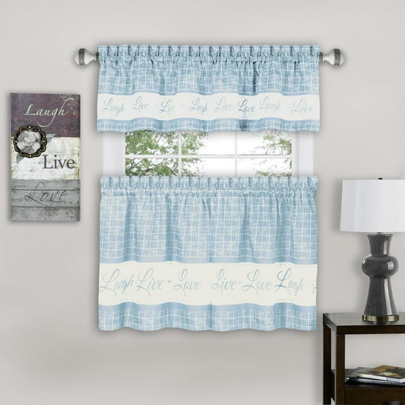 Live Love Laugh Window Kitchen Curtains 3-Piece Tier & Valance Set, Light Blue, 58" W x 24" L