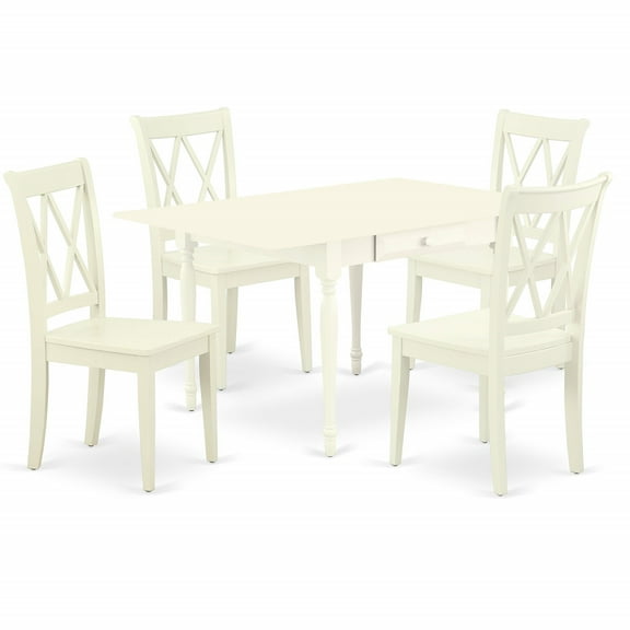 Ergode MZCL5-LWH-W, Monza 5-Piece Dining Room Set, Rectangle Table with Dropleaf, 4 Dining Chairs, Linen White Finish, Rubberwood, Double X Back Design, Budget-Friendly & Durable, 36x54 Inch