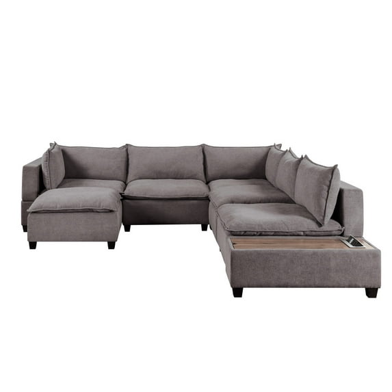 Ergode Madison Light Gray Fabric 7 Piece Modular Sectional Sofa Chaise with USB Storage Console Table