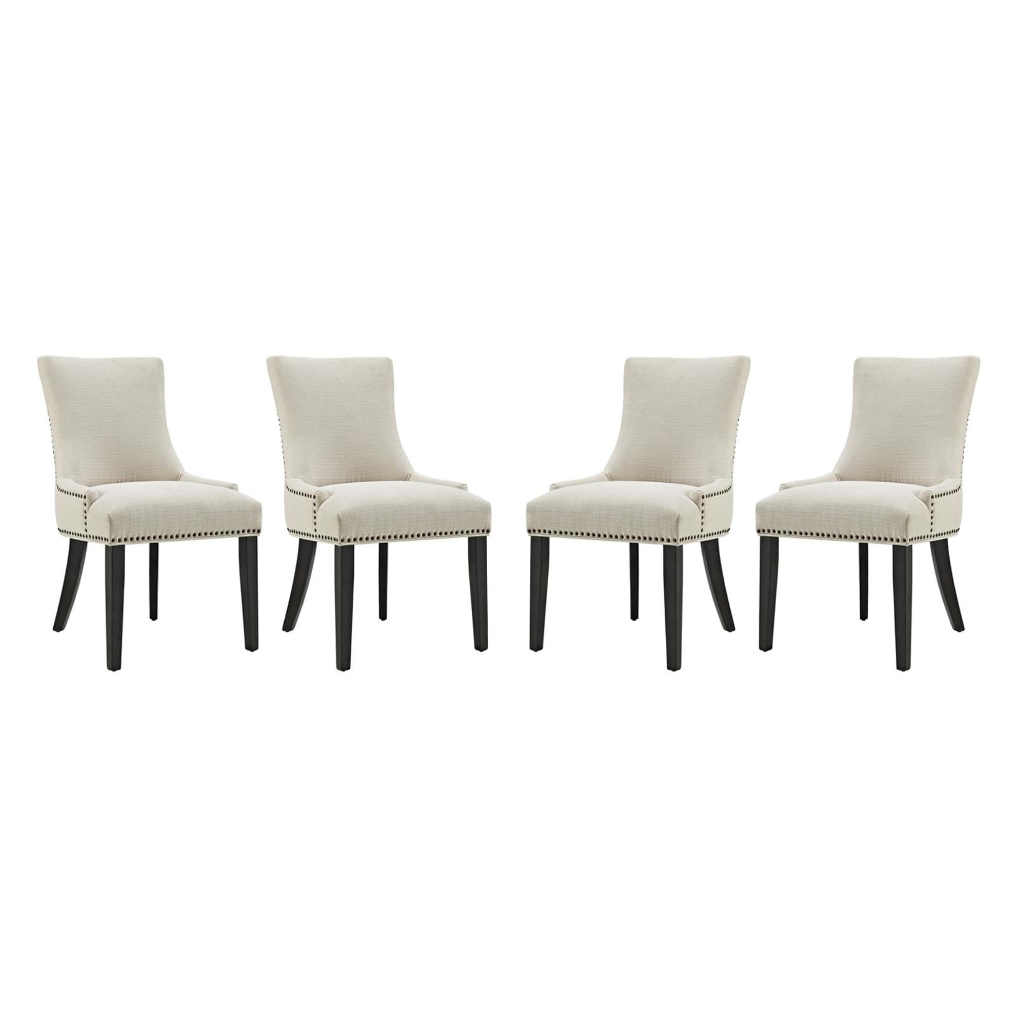 Beige Upholstered Wood Dining Side Chair with Nailhead Trim