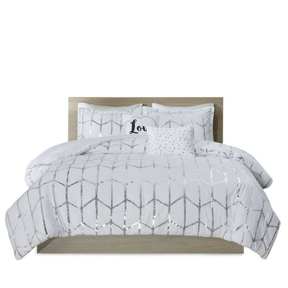Ergode Metallic Printed Comforter Set - Geometric Pattern in Metallic Silver on White - Includes Comforter, Shams, and Decorative Pillows - Treatment - Wrinkle-Free Packaging