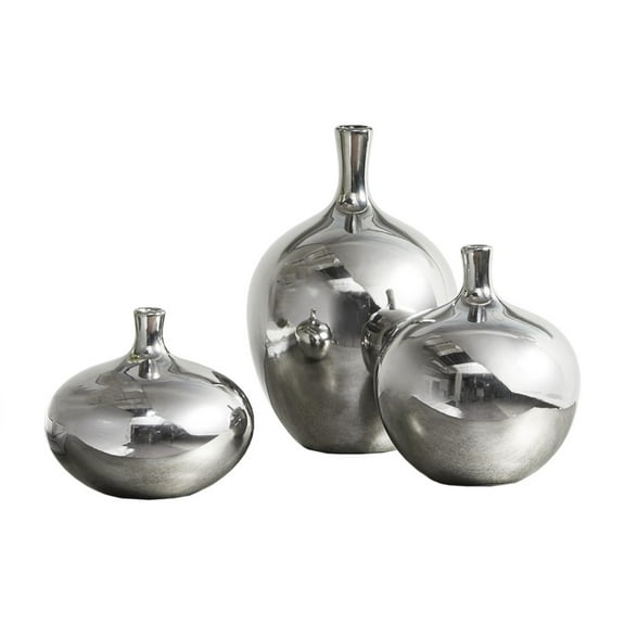 Ergode Mirrored Ceramic Decorative Vases - Set of 3 | Metallic Silver Finish | Handmade | Elegant and Sophisticated Home Decor