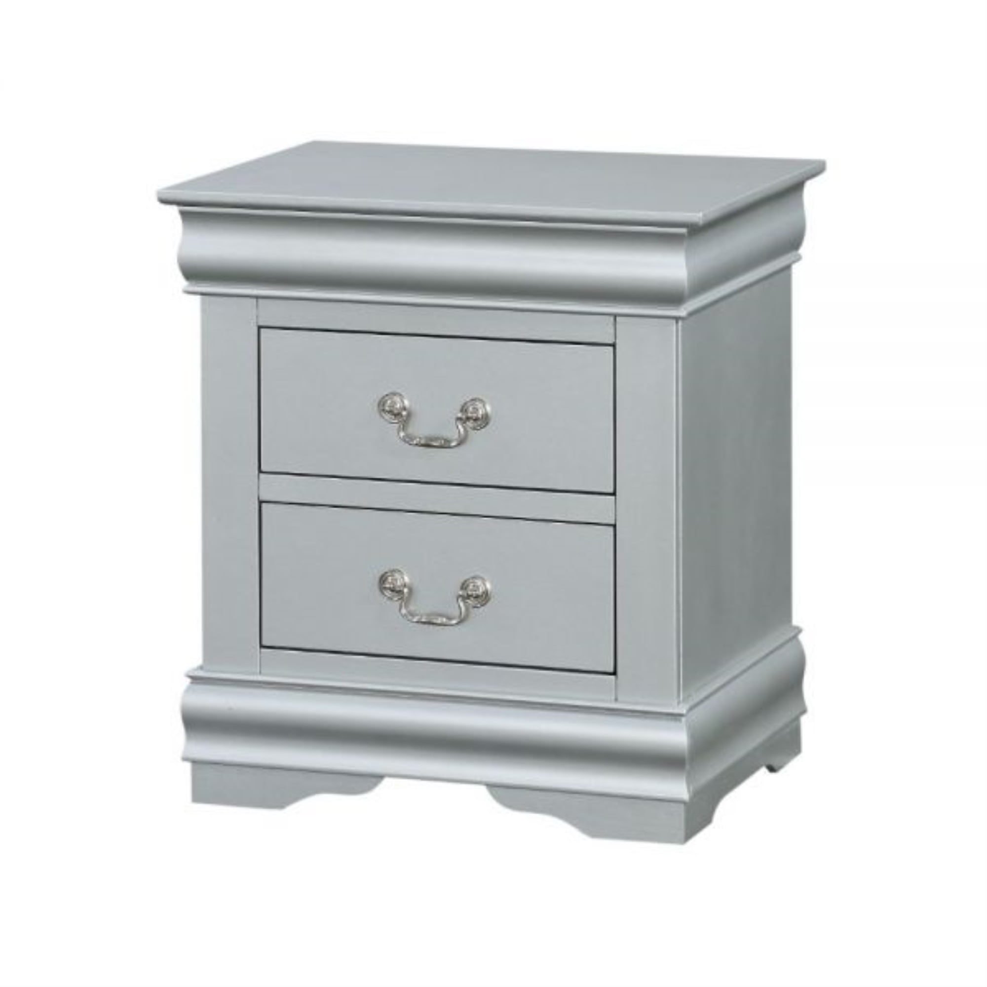 Elegant Silver Wooden Nightstand with Bracket Base and 2 Drawers