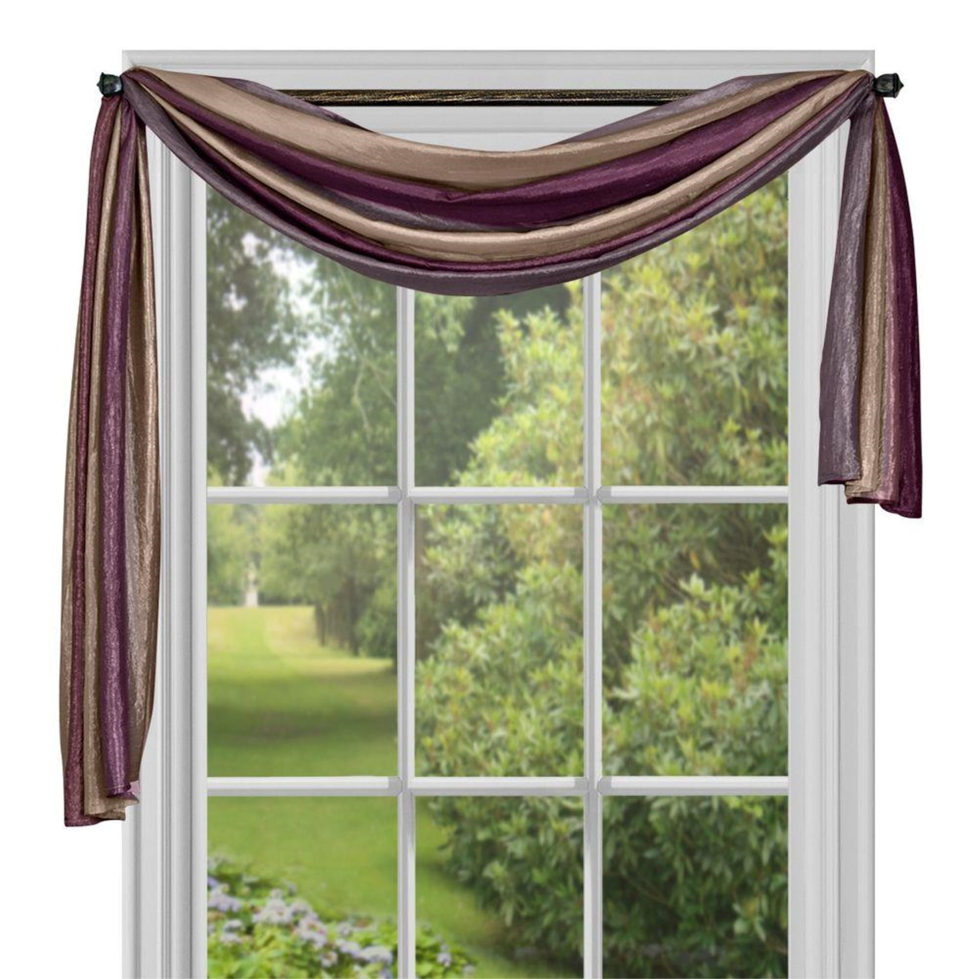Aubergine Faux Silk Sheer Striped Window Scarf Panel