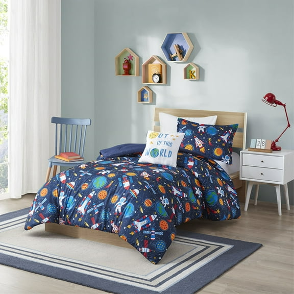 Jason Outer Space Comforter Set - Multi Color, Extra Soft Microfiber Fabric, Printed Face with Solid Reverse, Includes Sham with 1" Flange, Brushed Microfiber Pillow with Embroidery