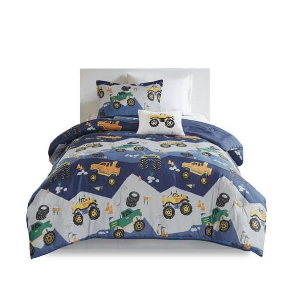 Ergode Printed Monster Truck Comforter Set - Blue/Grey - Soft & Versatile - Includes Shams & Decorative Pillow - Machine Washable - - Ideal for Kids Bedroom - Wrinkle-Free - Long-lasting.