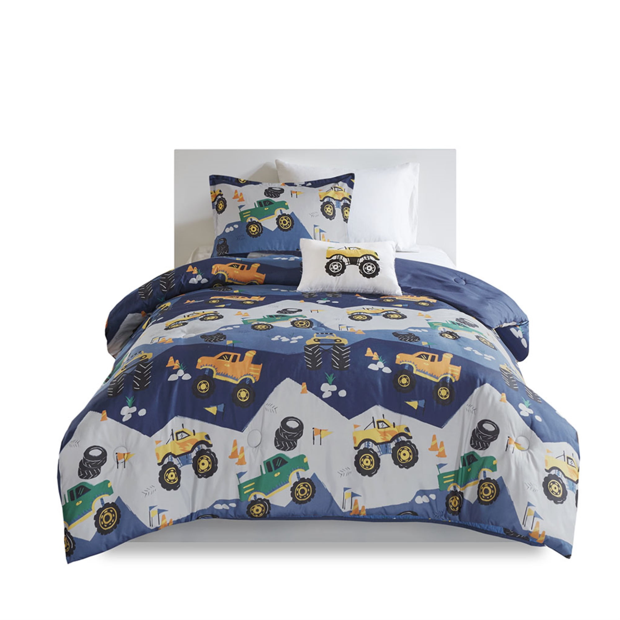 Blue and Grey Reversible Monster Truck Comforter Set