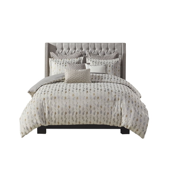 Ergode Queen 8 Piece Jacquard Comforter Set - Oversized & Overfilled - Ivory, Taupe, Gold, Silver - Symmetric Diamond Design - Heavyweight Insert - Hypoallergenic Polyester - Machine Washable