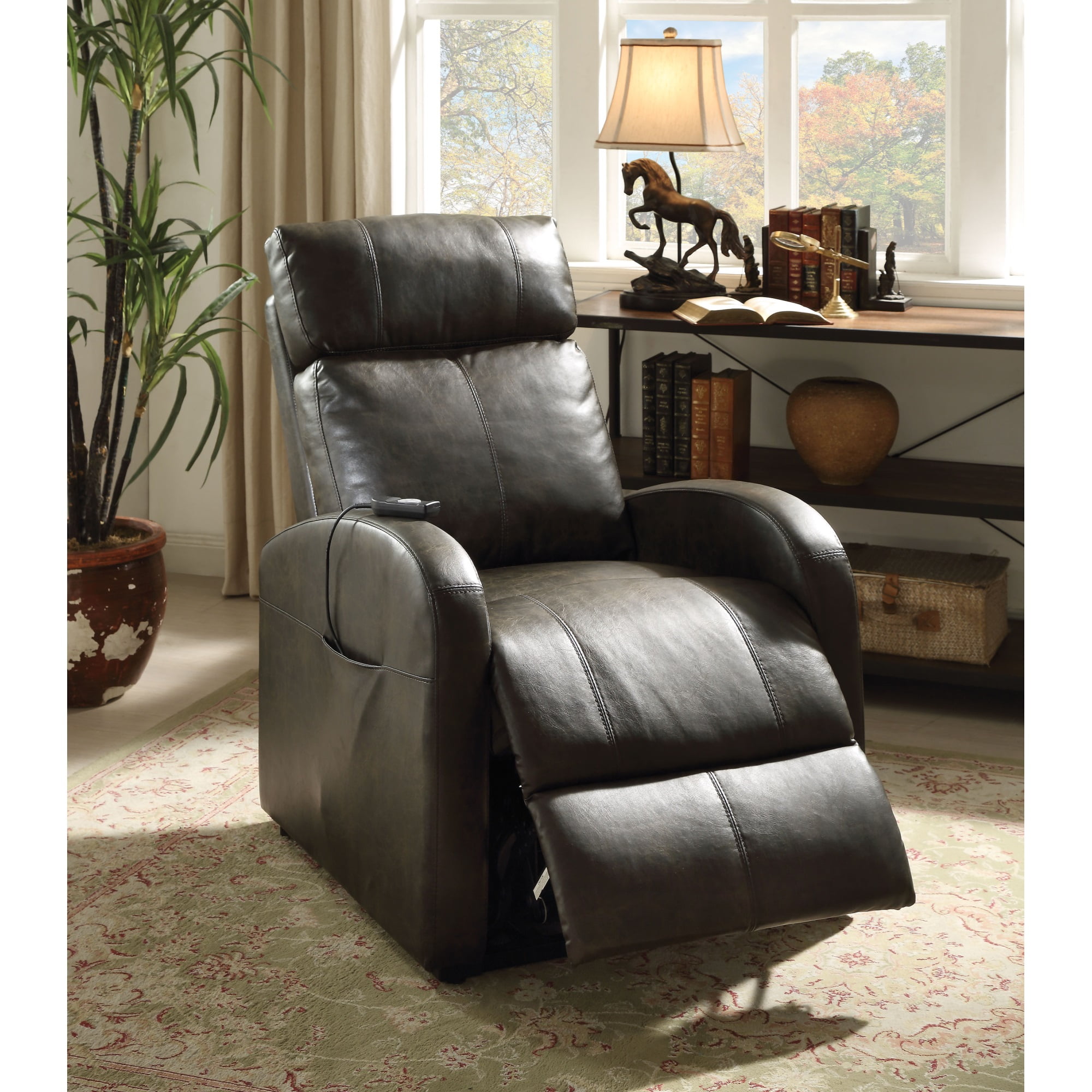 Dark Gray Faux Leather Power Lift Recliner with Wood Accents