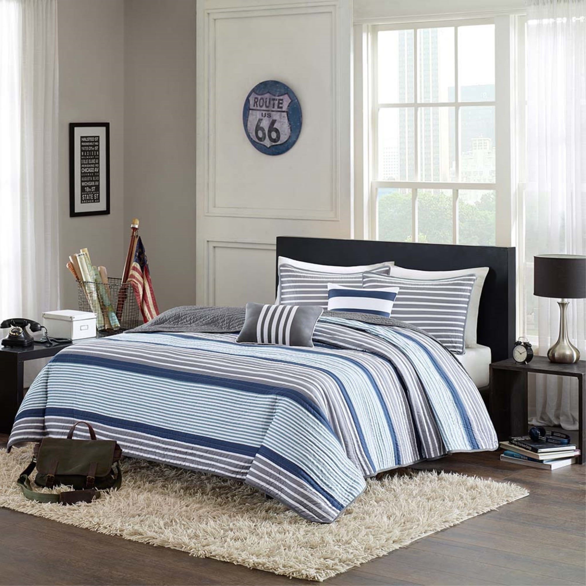 Gray and Blue Striped Reversible Microfiber Quilt Set