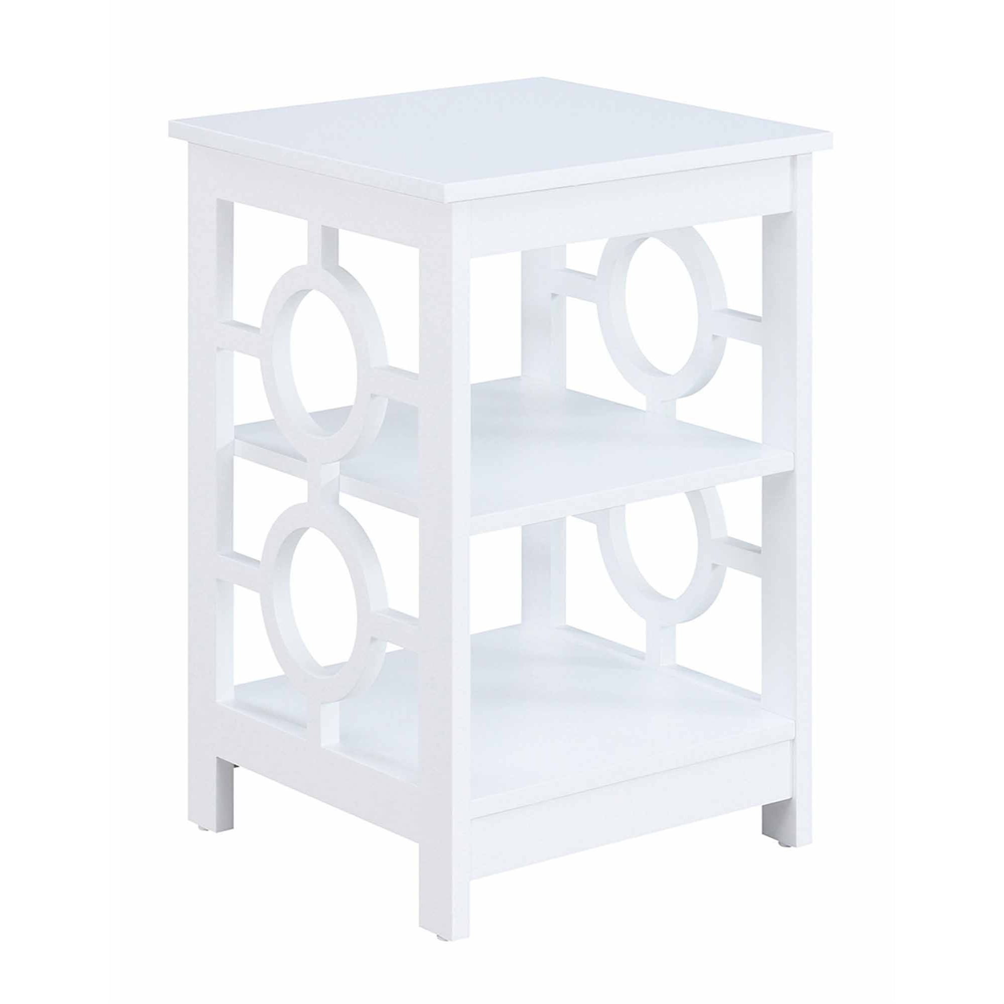 White Three-Tier Particle Board End Table with Circular Cutouts