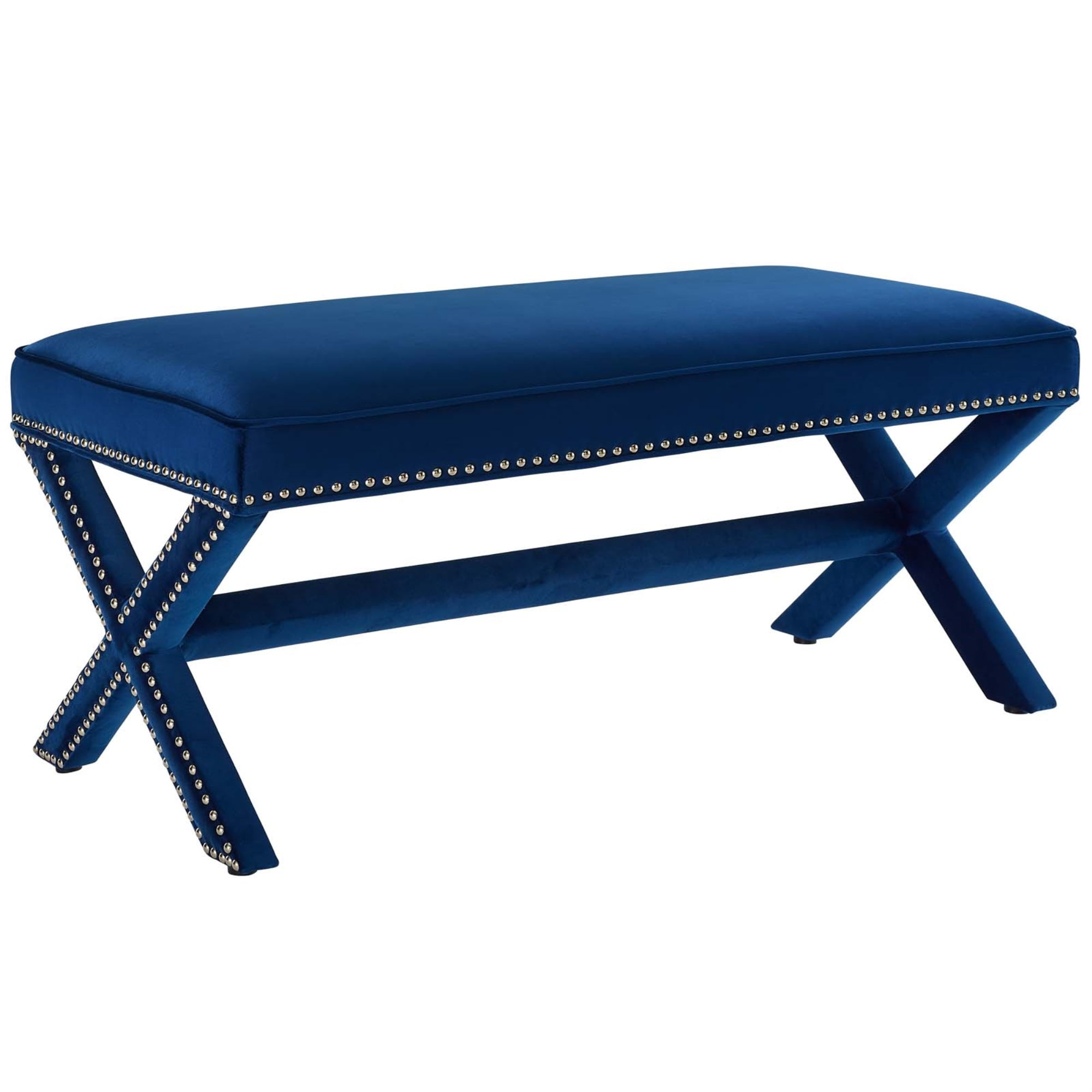 Noble Navy Velvety Polyester Bench with Elegant Nailhead Trim