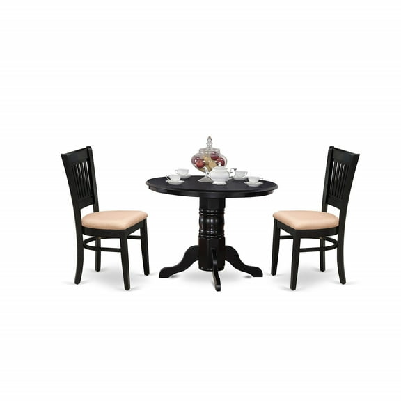 Ergode SHVA3-BLK-C 3-Piece Dining Room Table Set, Round Table with Pedestal & 2 Linen Fabric Chairs, Asian Solid Wood Frame, Sleek Black Finish, Easy Assembly, 42x42 Inch, Perfect for Small Spaces