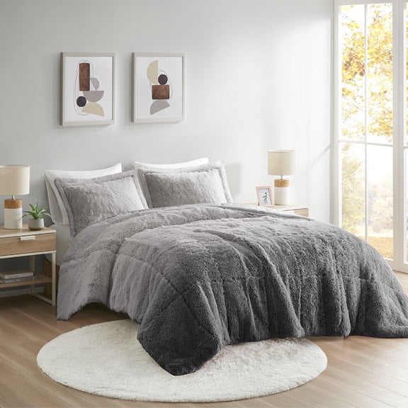 Ergode Shaggy Faux Fur Comforter Mini Set - Luxurious Ombre Design, Cozy & Warm, Hypoallergenic Polyester Filling, Machine Washable - Create a Stylish and Comfortable Haven in Your Living Space