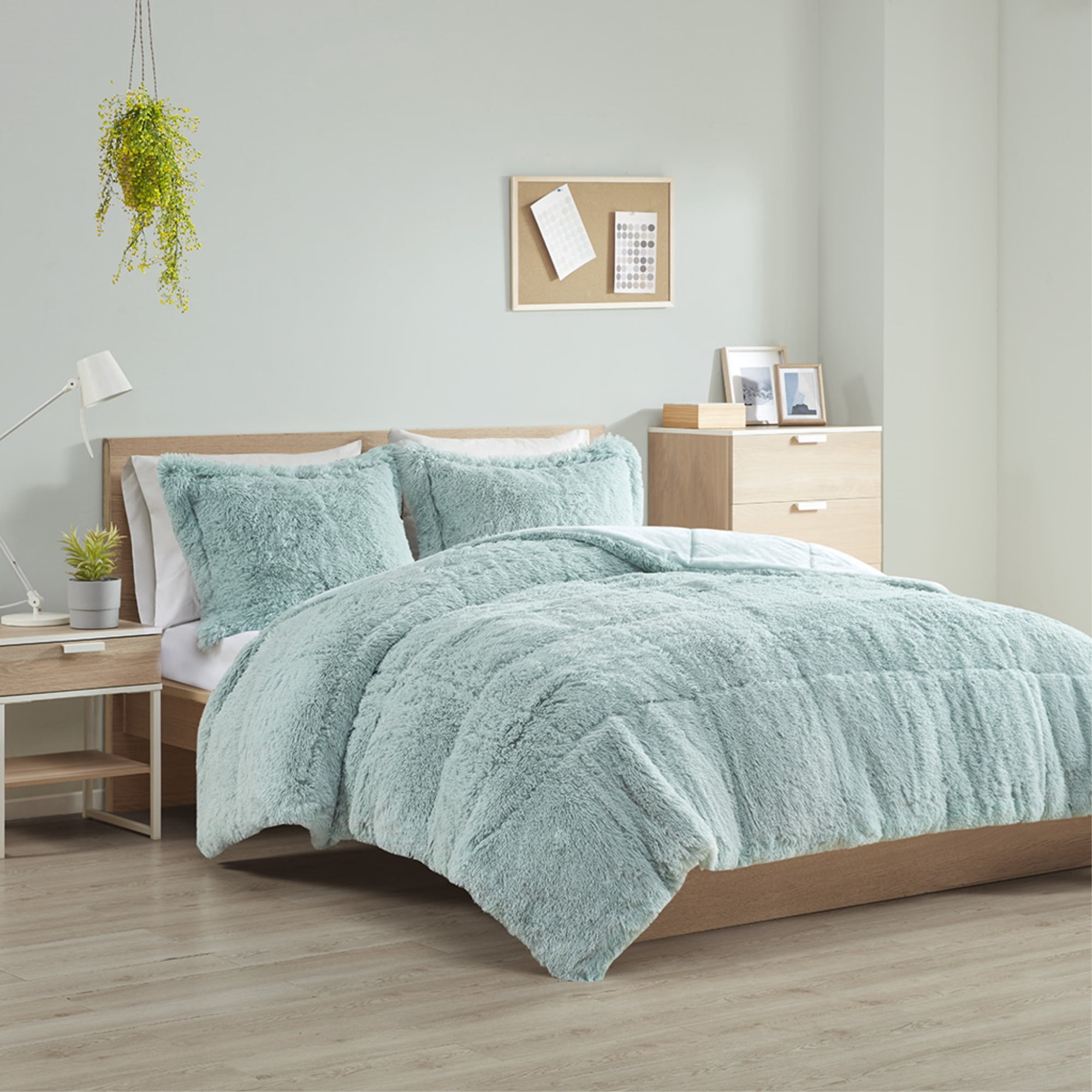 Malea Aqua Shaggy Long Fur Comforter Mini Set - Solid 100% Polyester ...