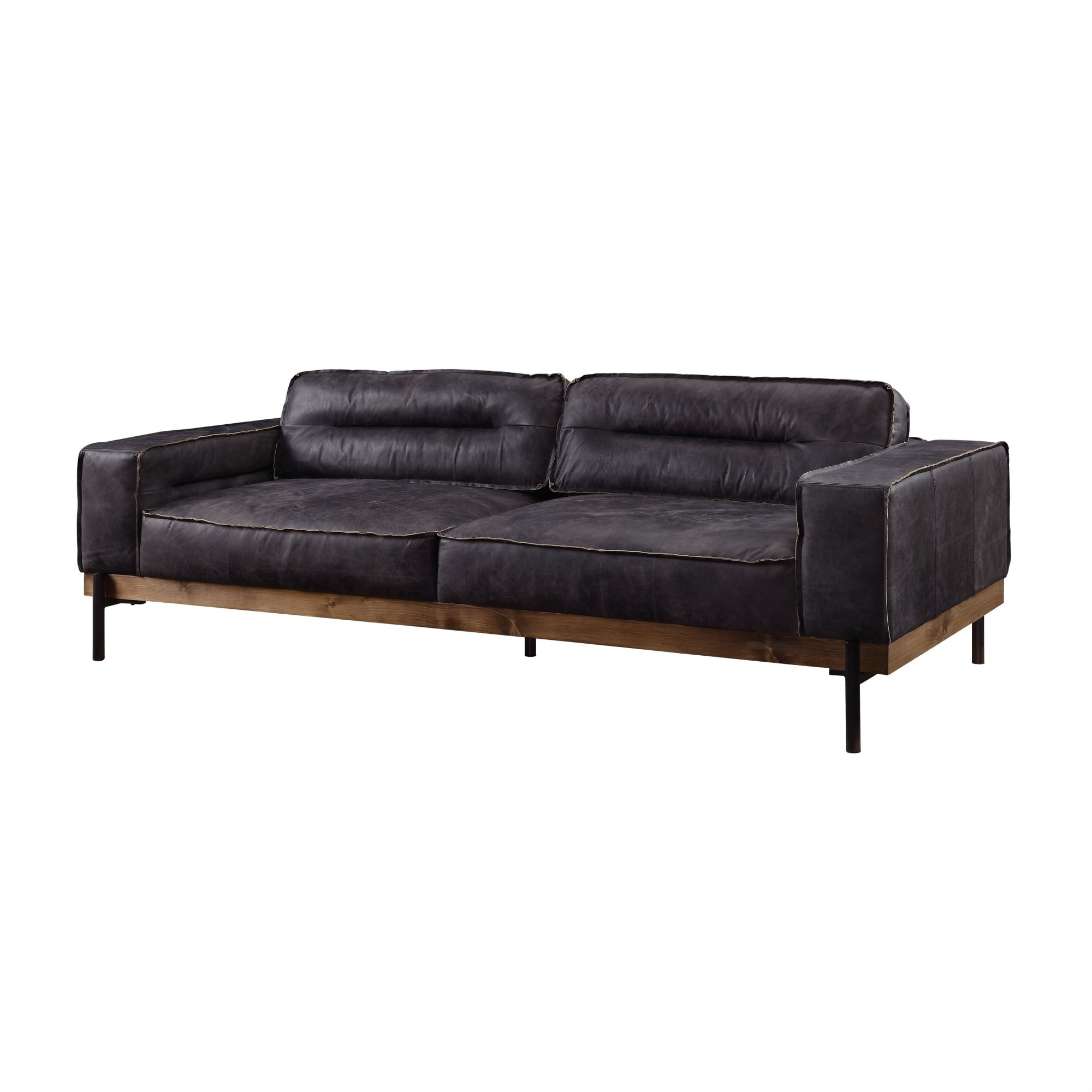Antique Ebony Leather Sofa with Wooden Trim and Track Arms
