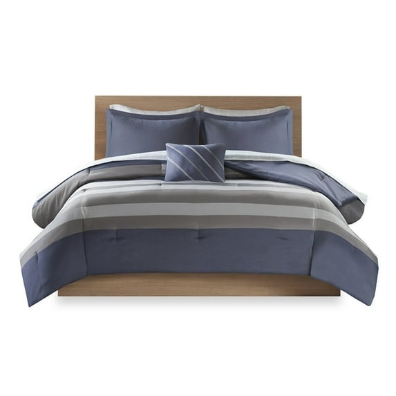 Ergode Striped Comforter Set with Bed Sheets - Stylish Grey and Blue Design, Solid Blue Reverse, Matching Shams and Decorative Pillow - and OEKO-TEX Certified - Wrinkle-Free Packaging