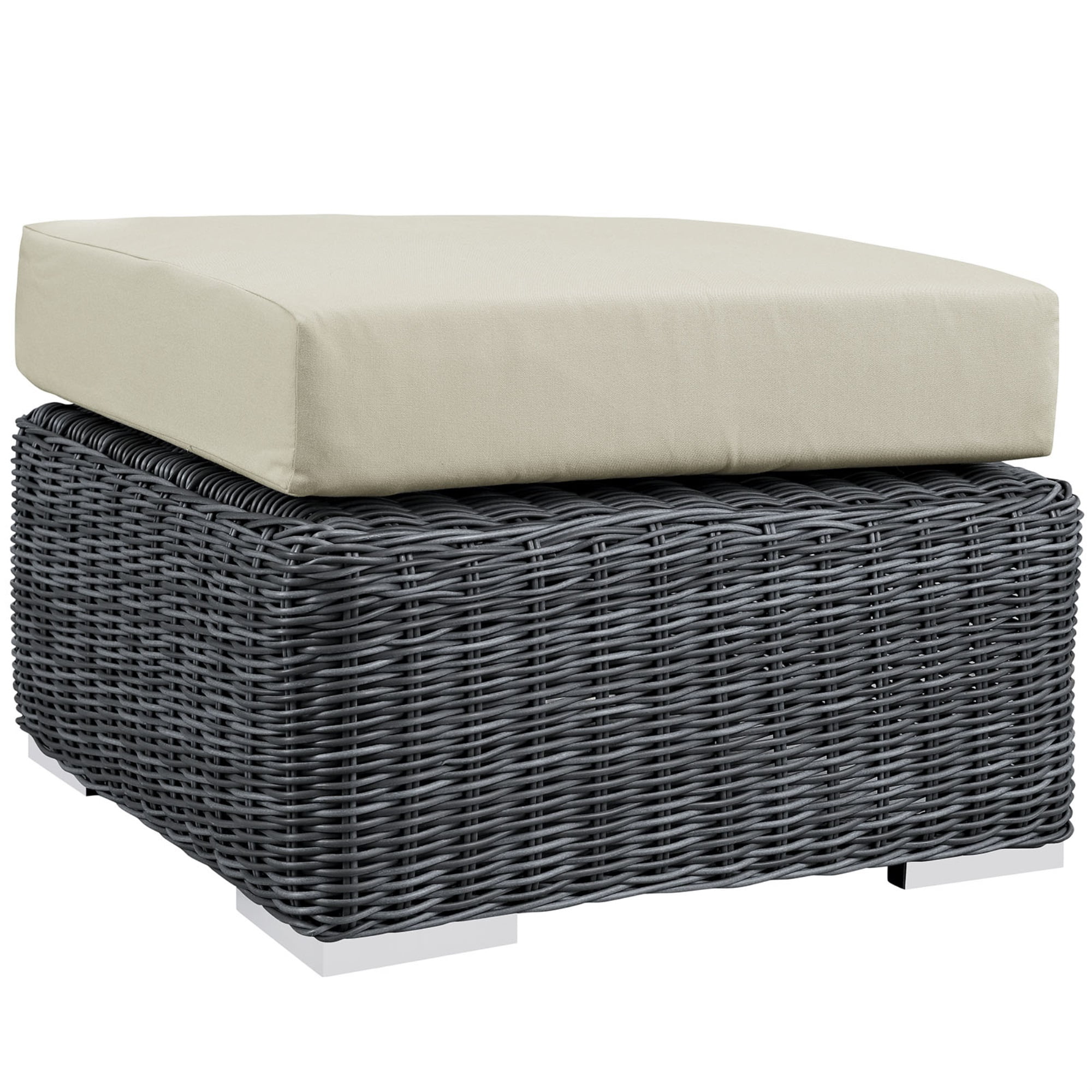 Canvas Antique Beige Sunbrella Outdoor Patio Ottoman with Rattan Weave