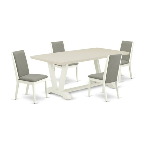Ergode V027LA206-5, 5 Piece Dining Set, Rectangular Table & 4 Shitake Linen Chairs, Elegant Off-White Finish, High-Quality Asian Wood, Easy Assembly, Perfect for Home Parties, Durable & Stylish